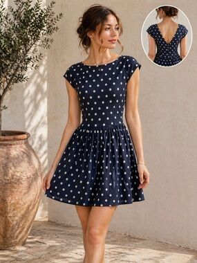 Lili’s Closet Linen Polka Dot Fit And Flare Dress Navy White Size 4